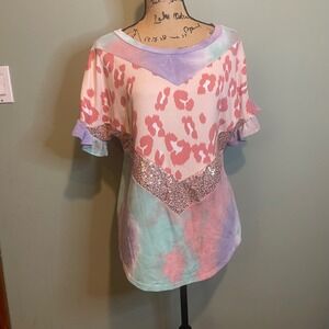 Lovely Melody Womens Layered Glittered Leopard Print Tie Dye Blouse Pink Medium